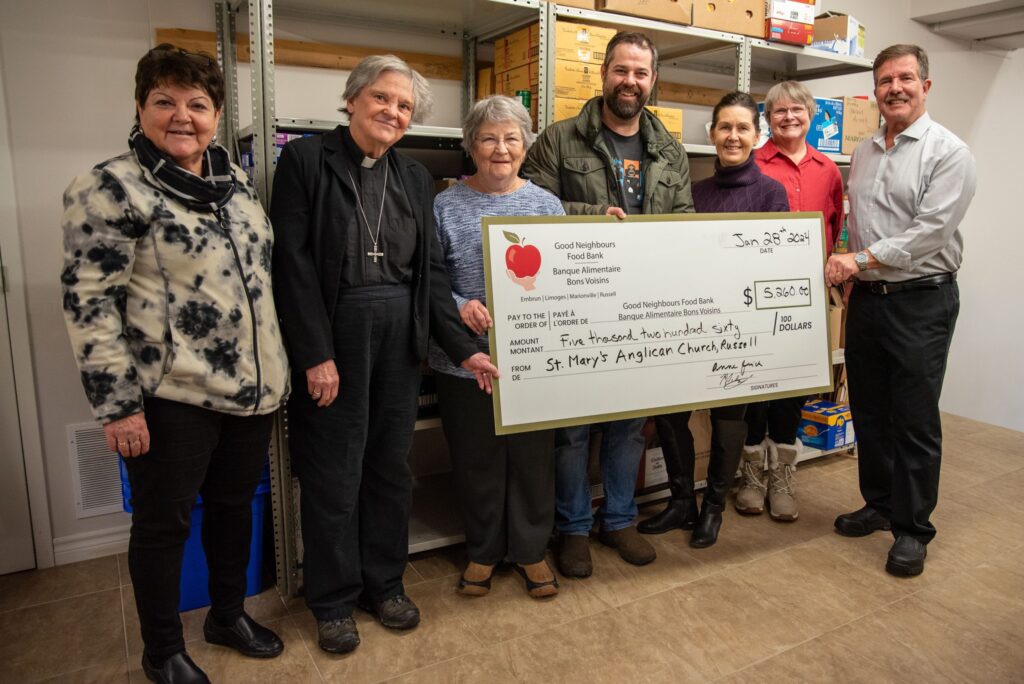 Russell’s St Mary’s Anglican Church handed over a $5,260 cheque to the Good Neighbours Foodbank on Sunday, January 28. The funds were raised from the parish. (From left to right) Ginette Rivet, Good Neighbour's Food Bank; Rev. Anne Quick, St Mary’s Anglican; Denise Lafrance, Good Neighbour's Food Bank; Jean-François Gignac, Good Neighbour's Food Bank; Ginette Lalonde, Good Neighbour's Food Bank; Anne Mains, St Mary’s Anglican parishioner; Ray Scharf, St Mary’s Anglican church warden.