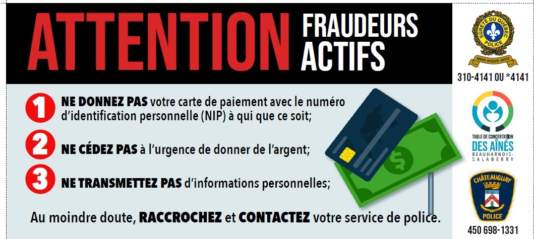 La Sûreté du Québec met la population en garde contre les fraudes « grands-parents » après avoir reçu des avis de six aînés ayant rapporté des cas de fraude dans la région de Lachute.