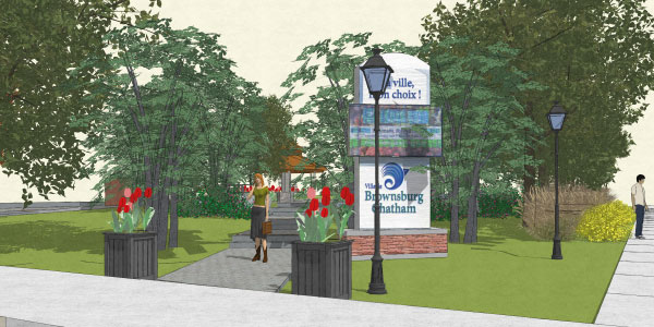Une maquette du réaménagement souhaité par Brownsburg-Chatham pour le nouveau Parc des vétérans au centre du village sur la rue Principale. (La ville de Brownsburg-Chatham)