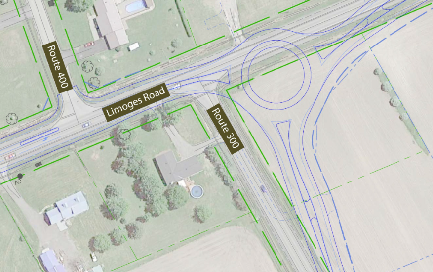 Lundi prochain, le 6 mai, commenceront les travaux du carrefour giratoire à l'intersection du Chemin de Comté 5 (Chemin Limoges) et de la Route 300, qui ne sera ouvert à la circulation locale qu'à partir du Chemin St-Thomas.