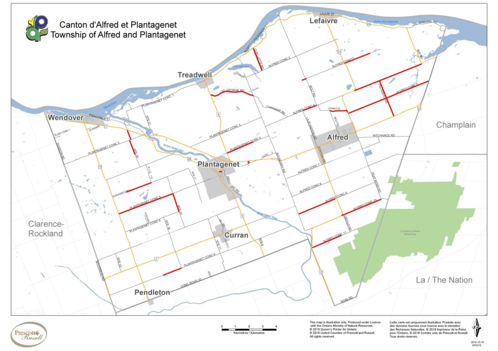 La ligne rouge indique les routes en plus mauvais état dans le canton d’Alfred-Plantagenet. Le personnel municipal travaille à l’élaboration d’une stratégie à long terme pour l’amélioration future des routes, qu’il présentera au conseil dans le cadre de la session de planification du budget municipal de l’année prochaine.