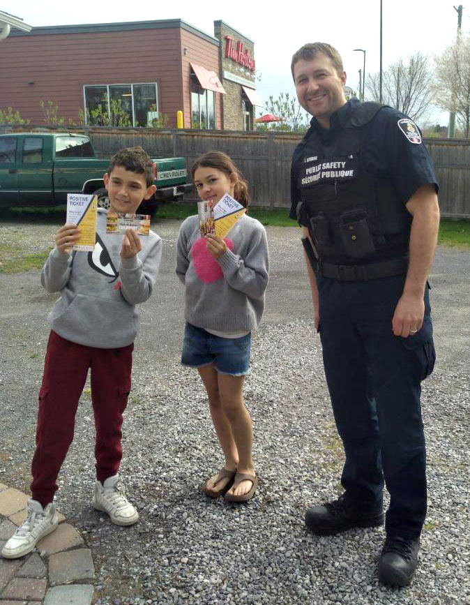 Public Safety and Enforcement officers issued April’s “positive tickets” to Juliana, 9, and Danek, 9, who demonstrated outstanding community spirit during the April 13 and 14 clean up on Forced Road and Craig Street.