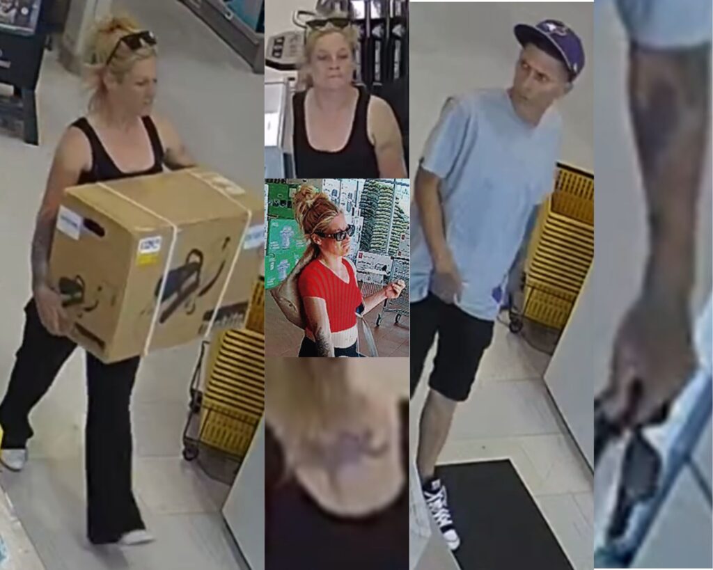 Security camera footage from the hardware store and grocery store captured images of the two suspects. Police want to draw people's attention to the tattoos on the woman's upper back and forearm, and on the man's left arm and right hand.