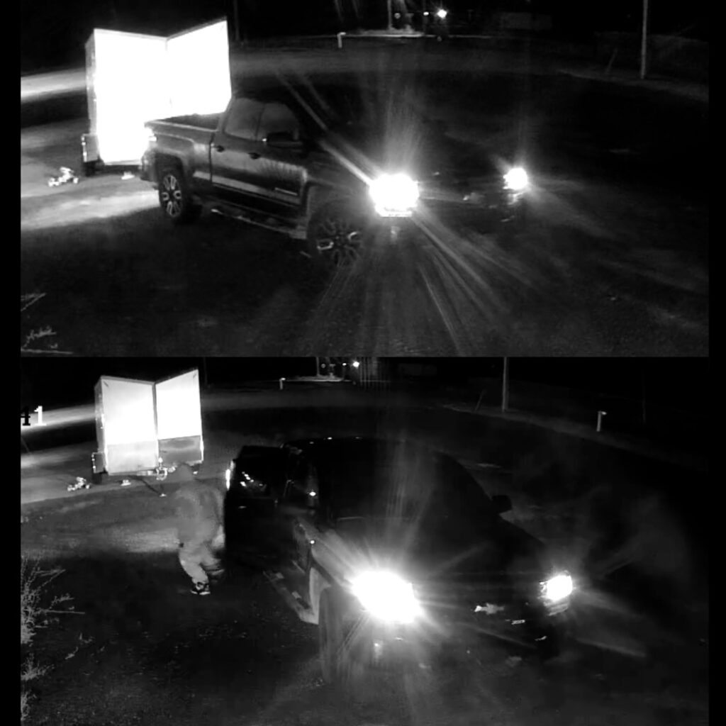 Surveillance footage shows a suspect stealing a trailer from Russell Township’s municipal facilities on Route 400 in the early morning of August 14.