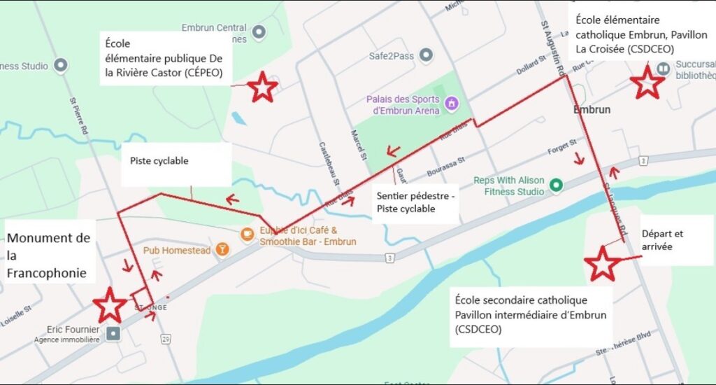 La parade débutera à l’École secondaire catholique d’Embrun, dont les élèves marcheront au long de la rue St Jacques pour ramasser les élèves de l’École élémentaire catholique Embrun. Ils tourneront sur la rue Centenaire pour rejoindre la rue Blais pour ramasser les élèves de l’École élémentaire publique De la Rivière Castor. Ils continueront jusqu’à la rue Notre-Dame pour monter sur la piste cyclable pour redescendre au Monument de la Francophonie. Après un tour du monument les élèves retourneront à leur école pour lever leur drapeau franco-ontarien.