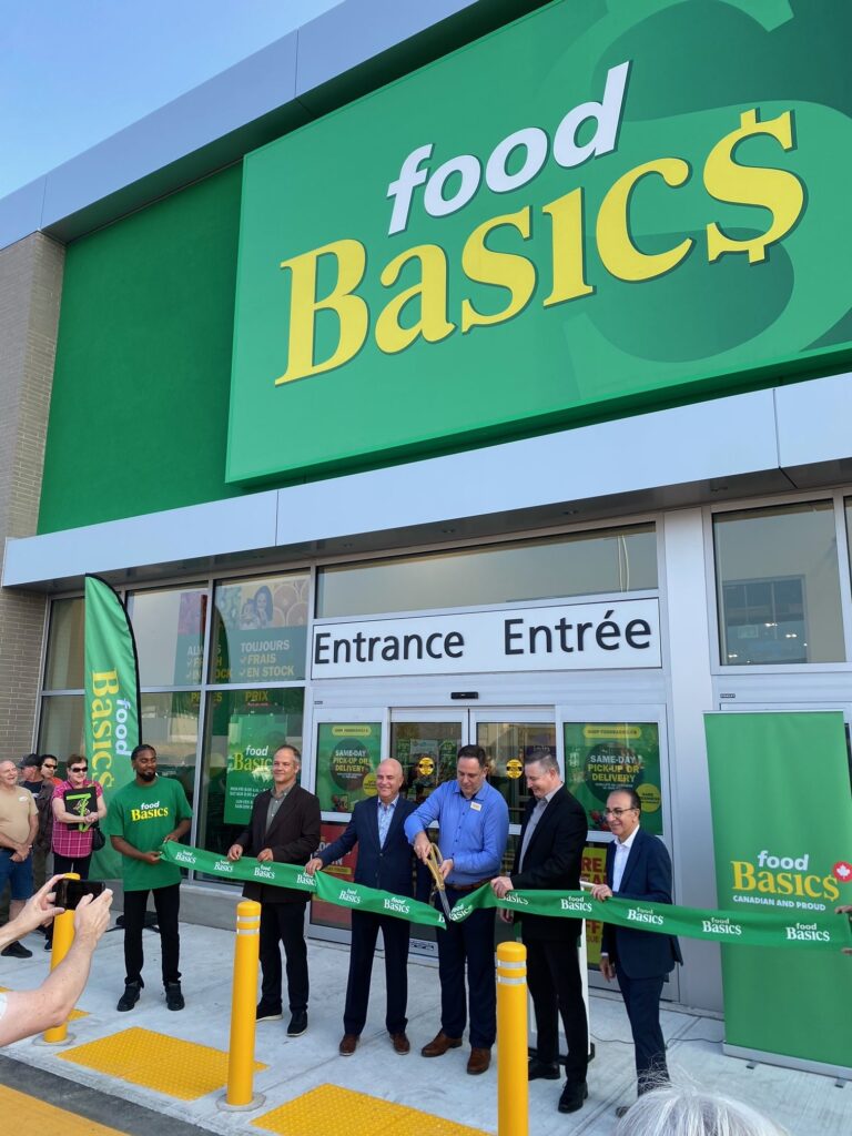 Vice President Operations, Food Basics Ontario John Manax, Chris Williams, the store manager of the new Hawkesbury location, Vice President of Merchandising Sal Galle, District Manager Rhys Lyons, and Senior Director of Operations David MacIntosh celebrate the official opening of a new Food Basics store in Hawkesbury on Aug. 14.