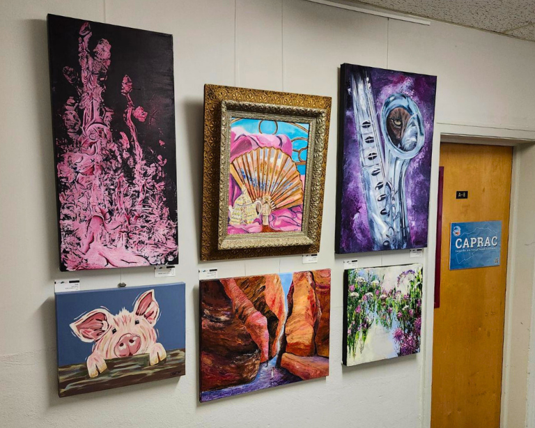 The currently displayed artworks are created by Samantha Woj, Martin Cléroux, Gisele Paquette, Carole Lavigne, Noëlline Marineau, and Nancy Overbury.