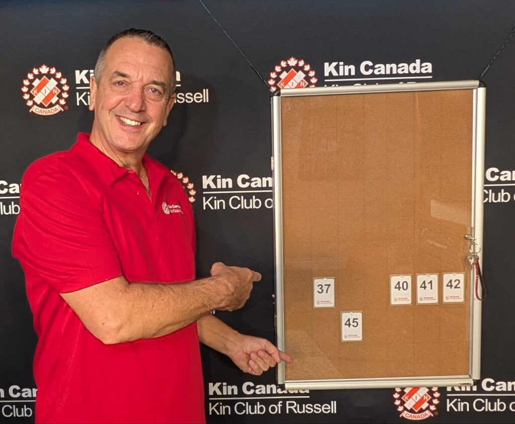 Kin Club of Russell's Catch the Ace Chair Doug Anthony with the 5 remaining envelopes in Ontario's current largest Catch the Ace lottery.