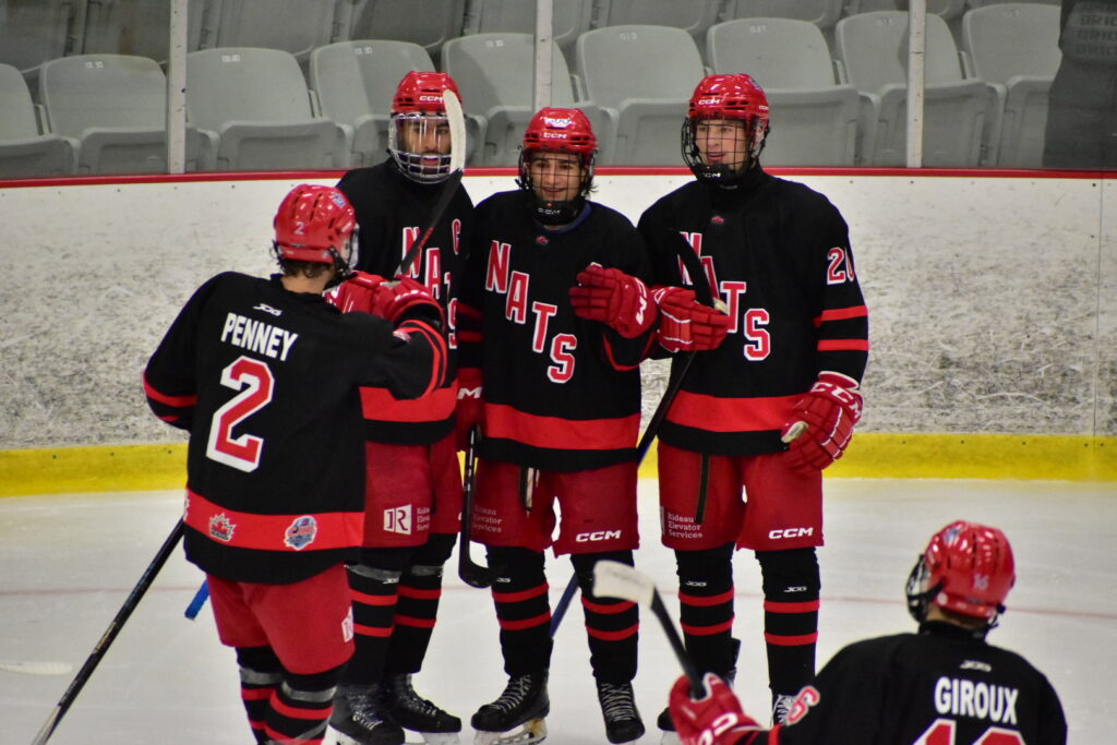 Rockland Nationals players celebrate after scoring a goal against the Hawkesbury Hawks on Sunday, Oct. 19.