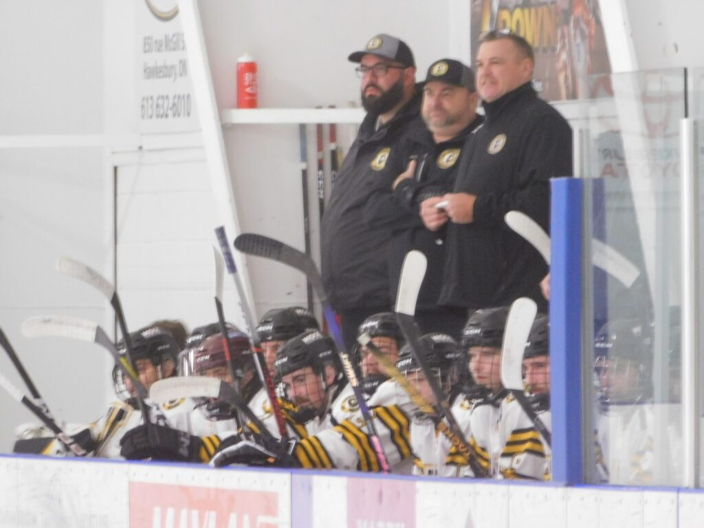 Vankleek Hill Cougars coaches and players look on from the bench.
