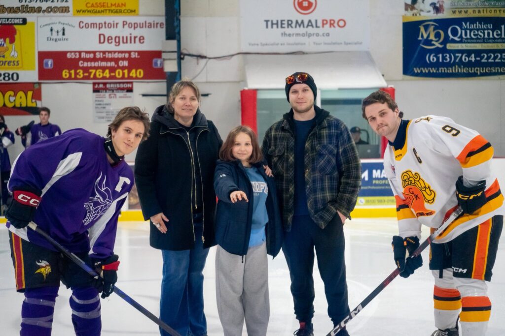 Fans fill the JR Brisson Complex with purple during the Casselman Vikings’ Hockey Fights Cancer Night, helping raise $1,000 for the AJ Plant Commemorative Fund.