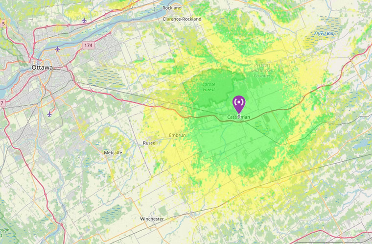 Les zones en vert et en jaune sur la carte indiquent les secteurs qui pourront capter CJRO Radio sur la nouvelle fréquence 96,3 FM à Casselman après l’installation prévue au printemps 2026.