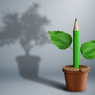 new idea creative concept, green pencil growing from pot