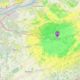 Les zones en vert et en jaune sur la carte indiquent les secteurs qui pourront capter CJRO Radio sur la nouvelle fréquence 96,3 FM à Casselman après l’installation prévue au printemps 2026.