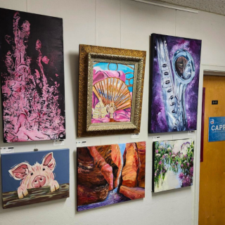The currently displayed artworks are created by Samantha Woj, Martin Cléroux, Gisele Paquette, Carole Lavigne, Noëlline Marineau, and Nancy Overbury.
