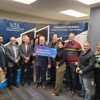 From left to right: Mr. Carl Portelance, President of the CSEPR Board of Directors, Mr. Éric Larocque, Director on the CSEPR Board, Mr. Robert Lefebvre, Mayor of Hawkesbury, Mrs. Caroline Arcand, Executive Director CSEPR, Mr. Steve Pinsonneault, Parliamentary Assistant to the Minister of Rural Affairs of Ontario, Mr. Stéphane Sarrazin, Glengarry-Prescott-Russell MP, Mrs. Mélanie Desjardins, Director Contak, Staffing solutions, Mr. Normand Riopel, Mayor of Champlain, Mr. Antonio Tsourounakis, owner of the DéJà Vu Restaurant, Mrs. Édith Léveillée, Director on the CSEPR Board.