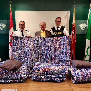 Last fall, volunteers from Le Rocher Evangelical Church began weaving mattresses from recycled milk bags to give to the homeless. These mattresses are now given to OPP officers for distribution to the homeless.
