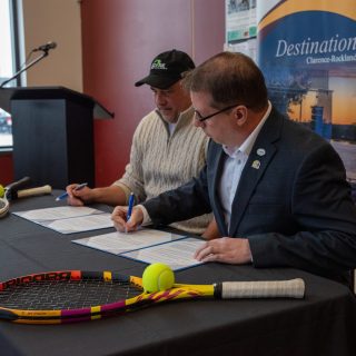 Aaron Merkel of Rockland Racket Sports (left) and Clarence-Rockland Mayor Mario Zanth signed an memorandum of understanding Friday, January 26, to official partner on the development of a large tennis and racket sport facility in the Clarence-Rockland industrial park. Set to be built next to the Clarence-Rockland arena, Merkel intends to break ground in the summer.