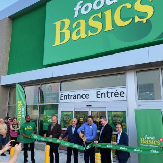 Vice President Operations, Food Basics Ontario John Manax, Chris Williams, the store manager of the new Hawkesbury location, Vice President of Merchandising Sal Galle, District Manager Rhys Lyons, and Senior Director of Operations David MacIntosh celebrate the official opening of a new Food Basics store in Hawkesbury on Aug. 14.