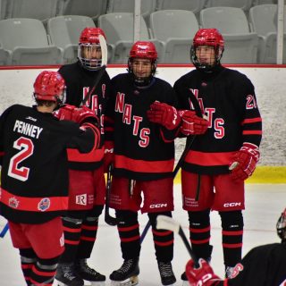 Rockland Nationals players celebrate after scoring a goal against the Hawkesbury Hawks on Sunday, Oct. 19.