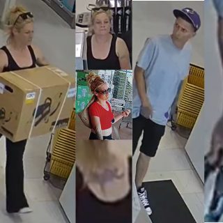 Security camera footage from the hardware store and grocery store captured images of the two suspects. Police want to draw people's attention to the tattoos on the woman's upper back and forearm, and on the man's left arm and right hand.