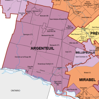 La nouvelle carte électorale ferait en sorte que la circonscription provincial d’Argenteuil
perdrait la municipalité de St-Colomban au profit de la nouvelle circonscription de Bellefeuille. En échange, St-Placide quitterait Mirabel pour Argenteuil. En rouge, les limites électorales
actuelles. (CREQ)